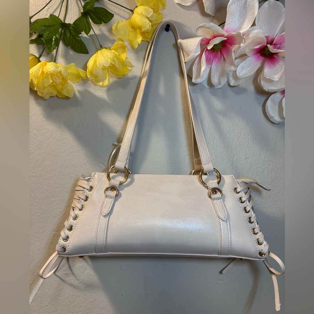 Cream Shoulder Bag with Lace-Up Side Detail